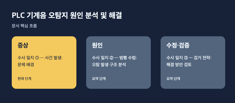 PLC 기계음 오탐지 원인 분석 및 해결: 증상: 수사 일지 ① — 사건 발생: 문제 배경, 원인: 수사 일지 ② — 범행 수법: 오탐 발생 구조 분석, 수정·검증: 수사 일지 ③ — 검거 전략: 해결 방안 검토 흐름